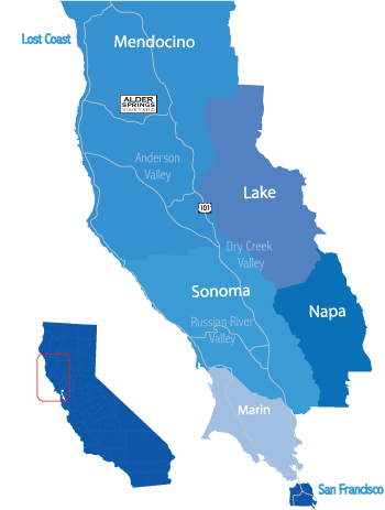 Northern California map showing location of Alder Springs in Mendocino County
